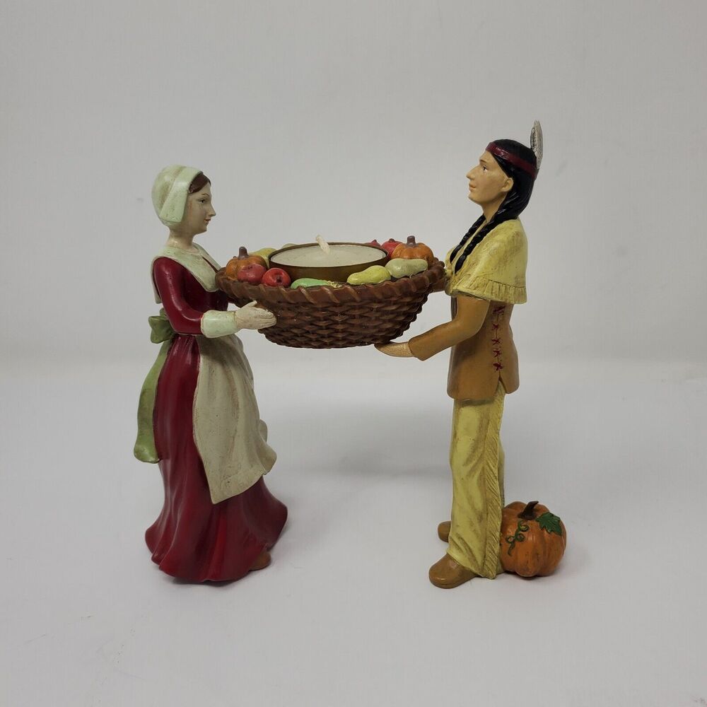 Seasons of Cannon Falls Pilgrim and native basket resin candle figure 6" Tall